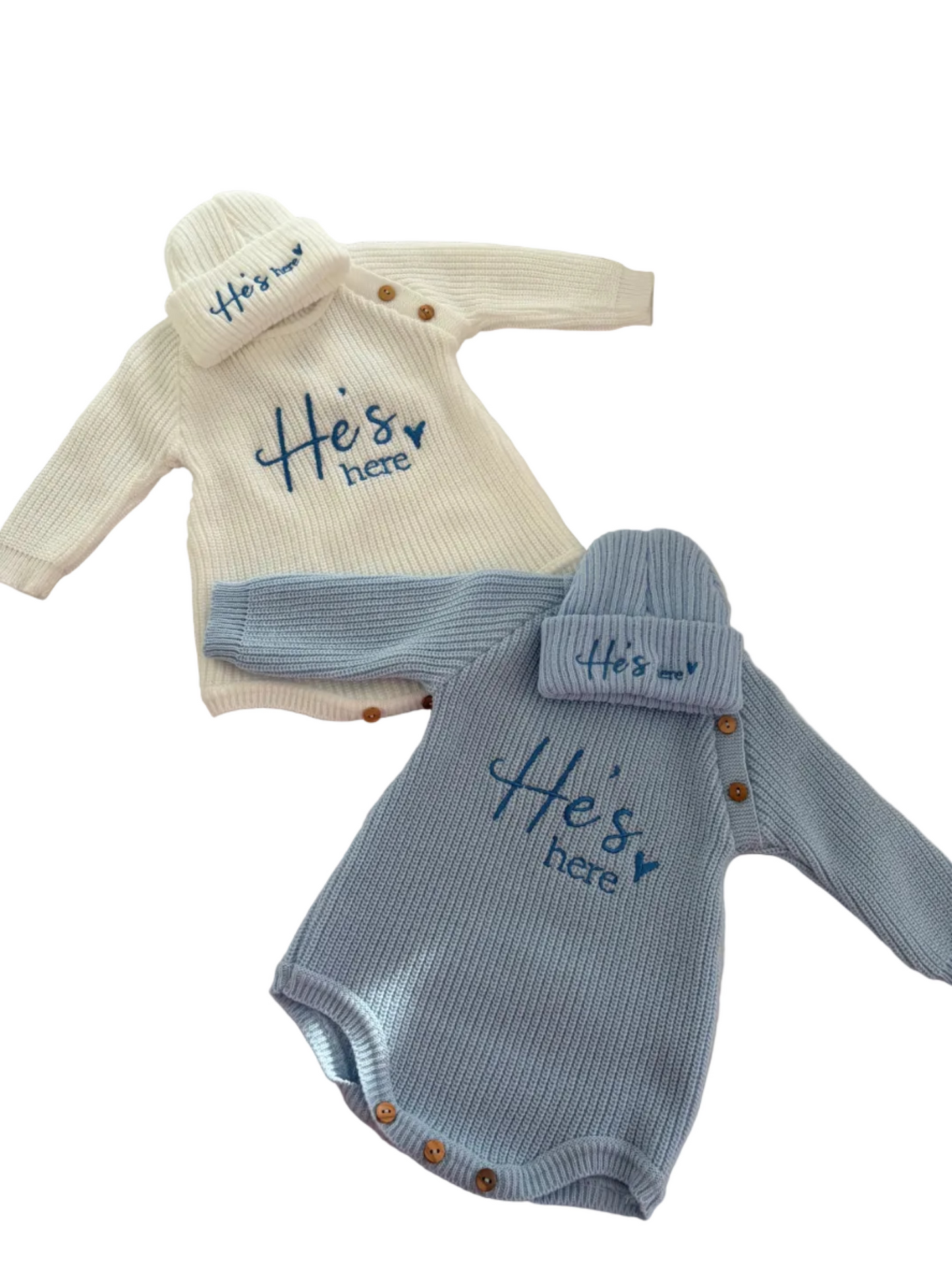 He's here/She's here romper and hat set