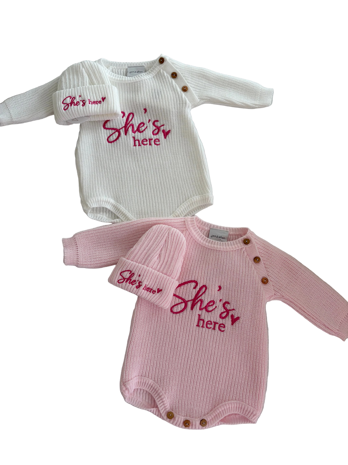 He's here/She's here romper and hat set