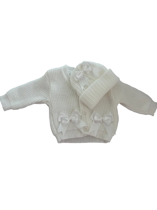 Bow cardigan and hat set