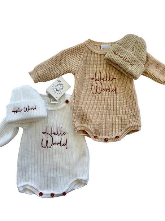 Hello World embroidered romper and hat